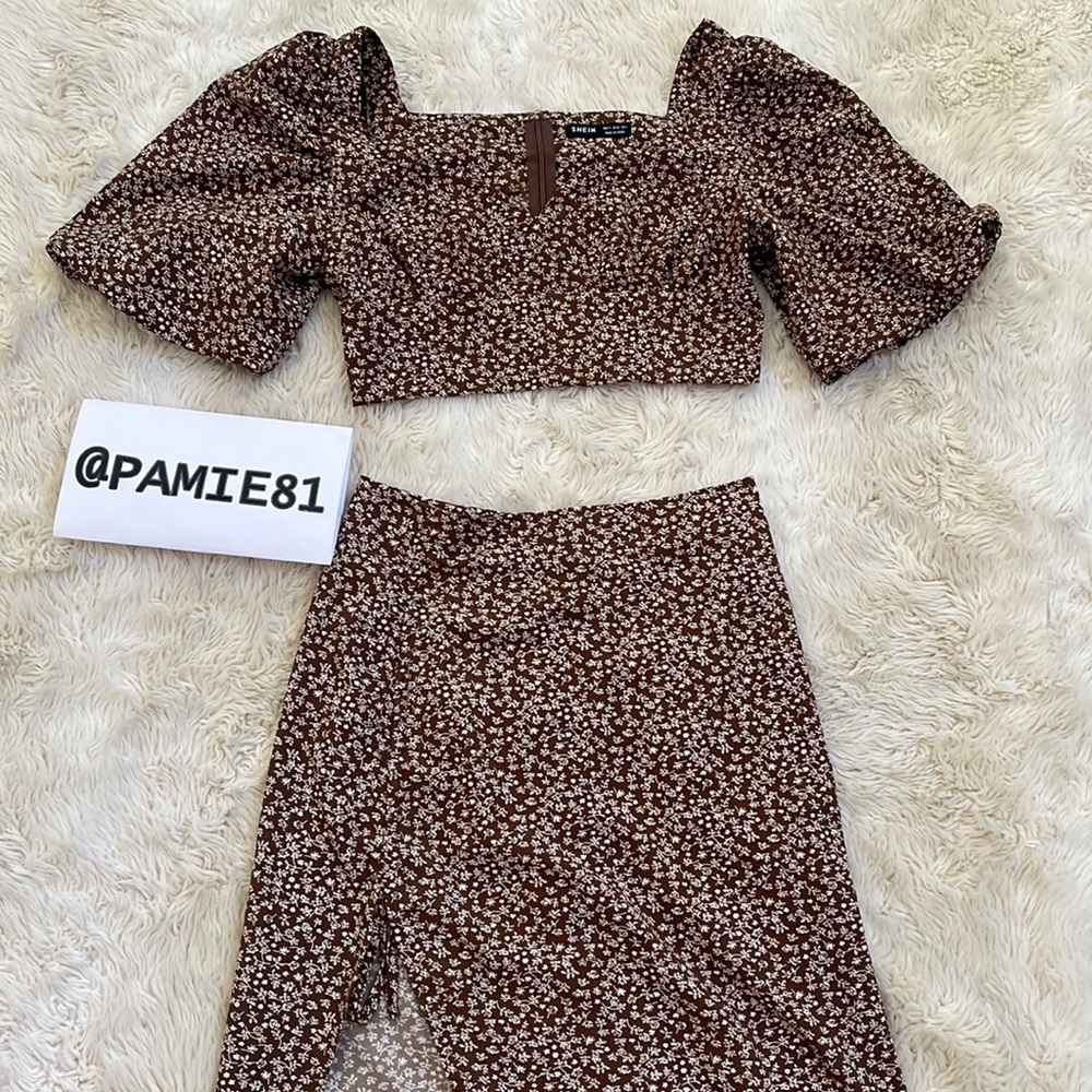SHEIN Women’s Brown Puff Sleeve Crop Top & Midi Skirt Set Size S NWOT